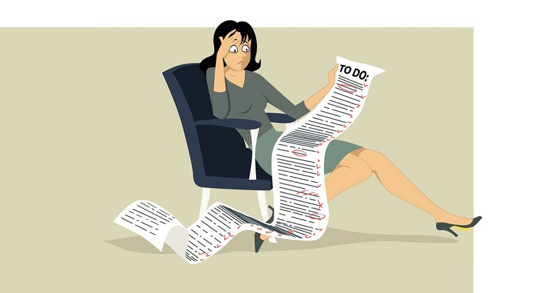 illustration of a stressed woman looking at a very long to-do list