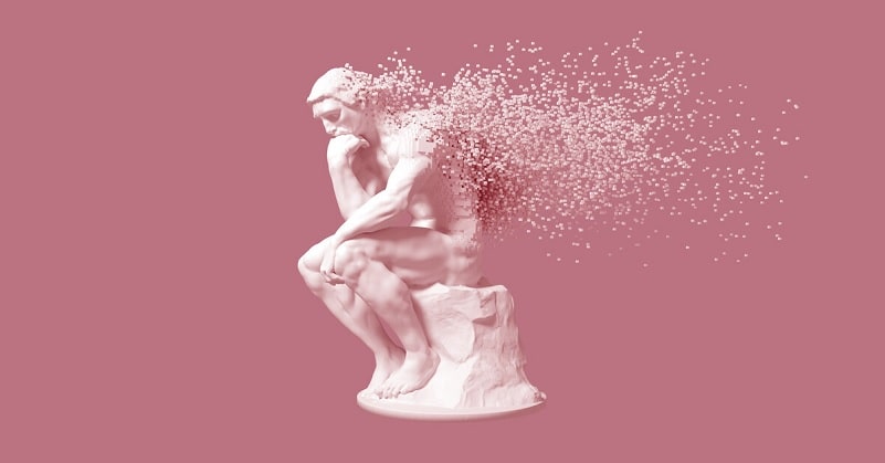 3D illustration of Rodin's The Thinker disintegrating - a metaphor for changing the way you think
