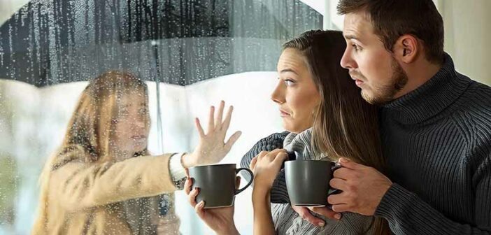 young couple surprised as ex-girlfriend appears at window - illustrating dating your friend's ex