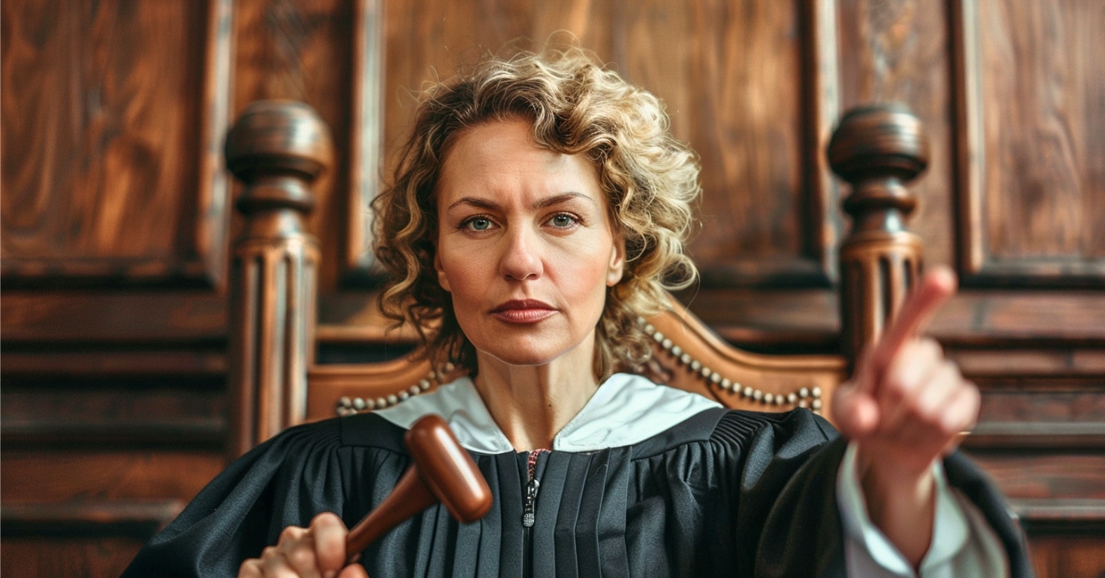 a female judge wearing black judicial robes in a courthouse holding a gavel and pointing her finger