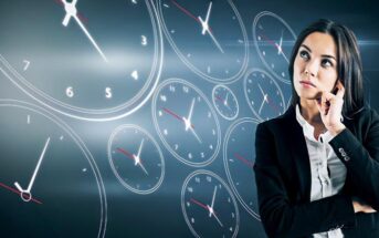 woman thinking with illustrations of stopwatch dials in the background - signifying thinking faster