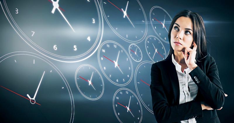 woman thinking with illustrations of stopwatch dials in the background - signifying thinking faster