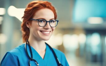 red head nurse with glasses wearing blue scrubs smiling in a hospital setting