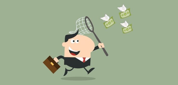 illustration of businessman chasing money with a net