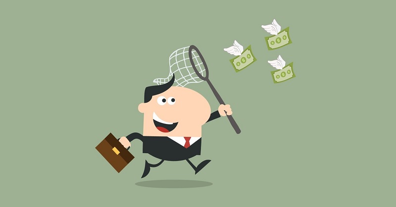 illustration of businessman chasing money with a net