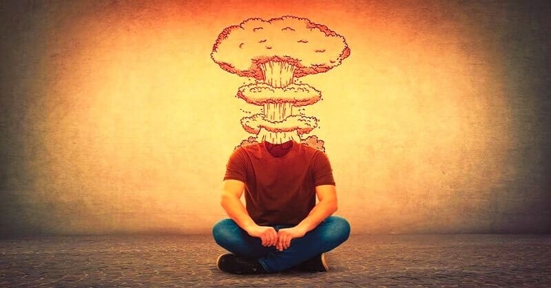 illustration of many with mushroom cloud instead of a head - showing the concept of hating everything and everyone