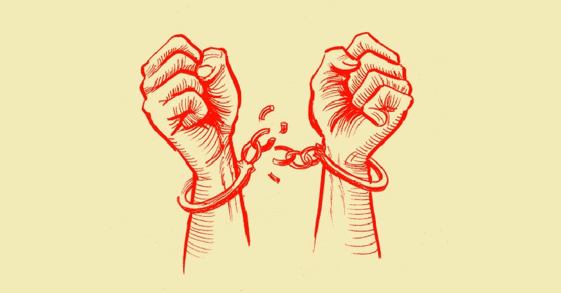 drawing of hands breaking free from handcuffs - illustrating what does it mean to be free