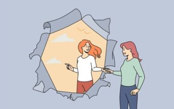illustration of young woman reaching through to the other side to her friend anxiety