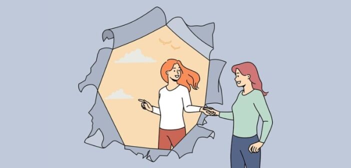 illustration of young woman reaching through to the other side to her friend anxiety