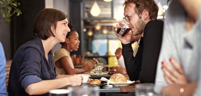 man and woman on first date after meeting online