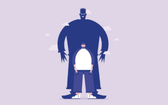vector graphic of a man with his inner demon standing behind him