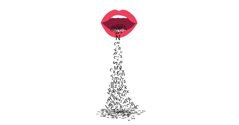 illustration of words pouring out of a woman's mouth