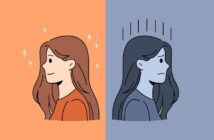 illustration of all-or-nothing thinking with woman with positive thoughts on left and woman with negative thoughts on the right