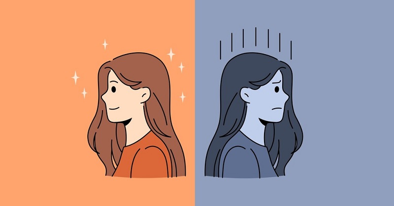 illustration of all-or-nothing thinking with woman with positive thoughts on left and woman with negative thoughts on the right