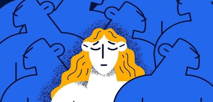 illustration of a woman feeling invisible in a crowd of people