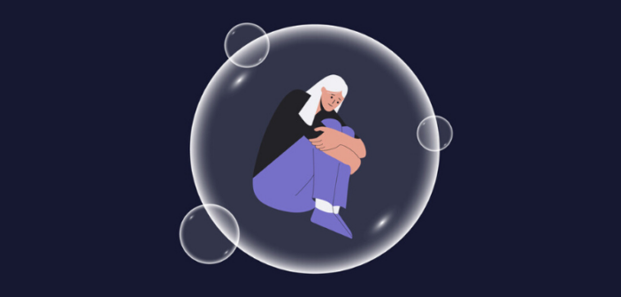 women sat in bubble floating in a void - feeling like she doesn't exist