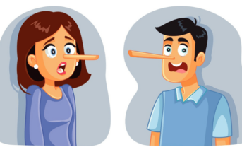 lying wife and lying husband with long Pinocchio noses