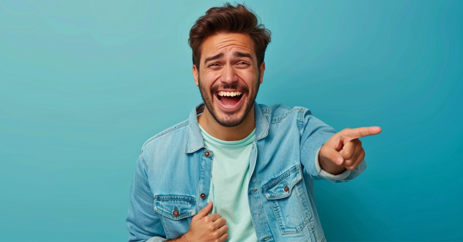 a man wearing denim shirt points at someone just past the camera and has a cruel laughing expression on his face