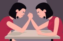 illustration of a woman in an arm wrestle with herself