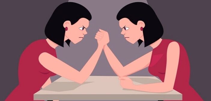 illustration of a woman in an arm wrestle with herself