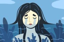 illustration of a woman crying tears that fill up an ocean around her - concept of a painful life
