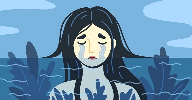 illustration of a woman crying tears that fill up an ocean around her - concept of a painful life