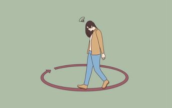 illustration of sad woman living on autopilot, walking in a circle