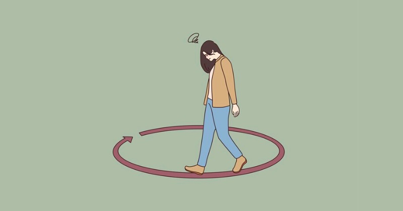 illustration of sad woman living on autopilot, walking in a circle