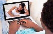 couple in long-distance relationship after meeting online talking over video call