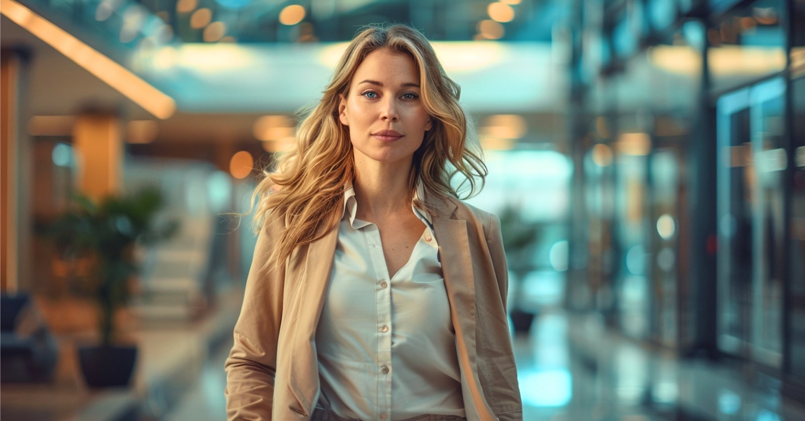 a blonde woman in smart-casual business attire walking confidently along a smart office foyer with lots of glass