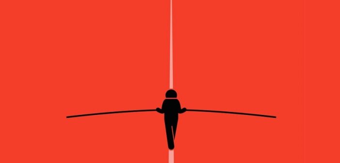 illustration of a person walking a tightrope while holding a balancing poll