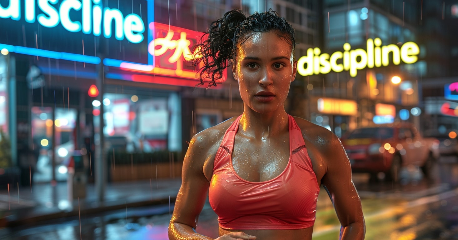 female jogger in pink running top runs down a city street in the rain at night, she passes a neon sign that says "discipline"