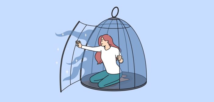 surviving or thriving illustrated by a picture of a woman climbing out of a birdcage