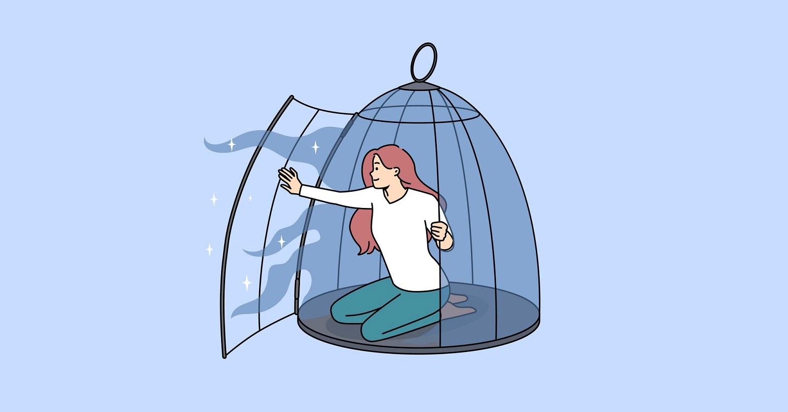 surviving or thriving illustrated by a picture of a woman climbing out of a birdcage