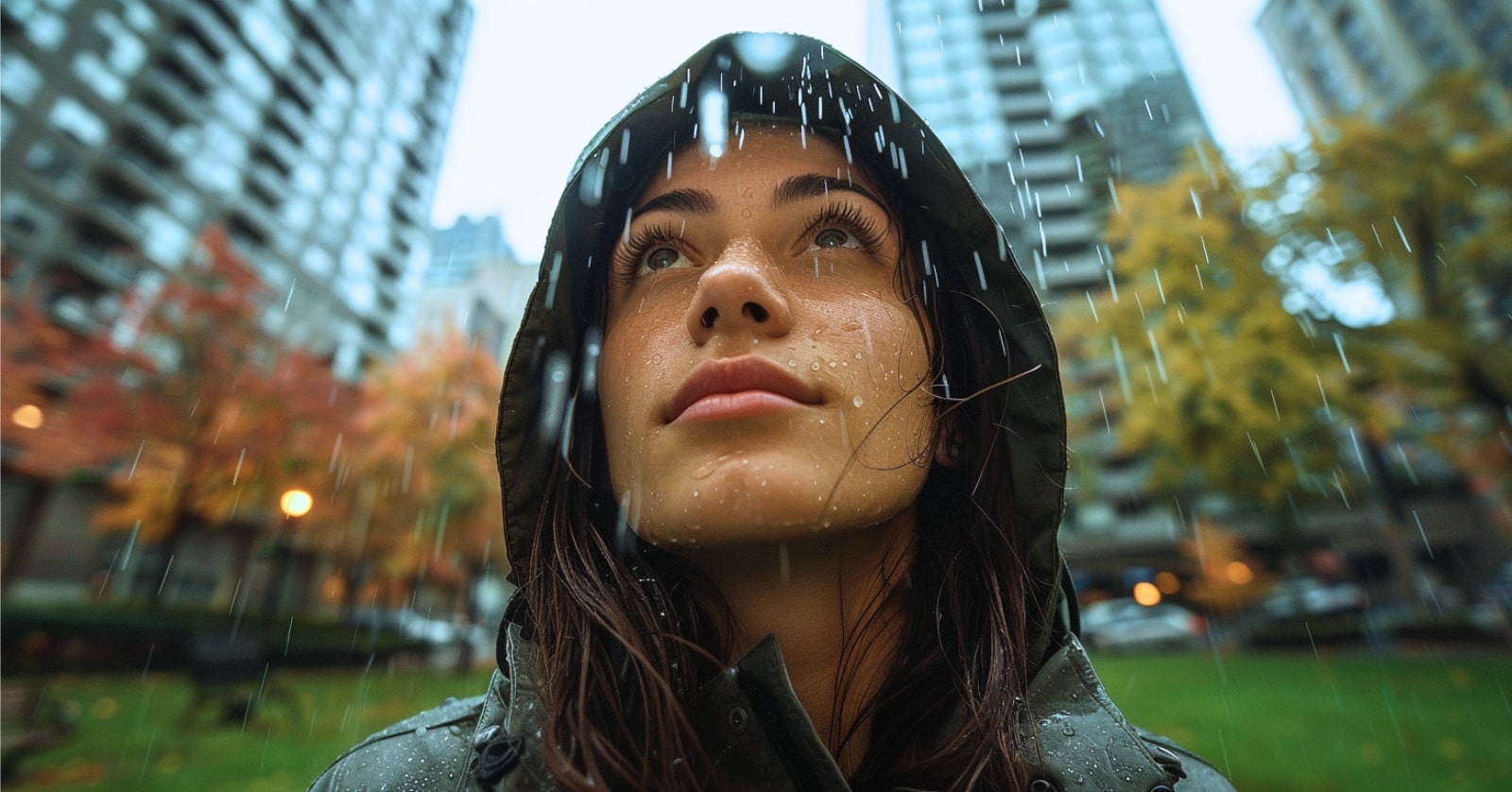 closeup portrait of a woman in the rain. Her hood is up but she is looking slightly up so there are raindrops on her face. The raindrops are also visible as they fall. She stands in an urban park.