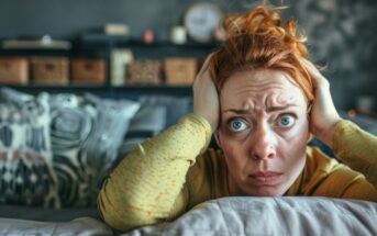 a woman in her 40s with ginger hair sits on her couch with her head in her hands