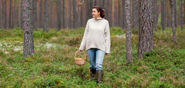 a down-to-earth woman walking through forest with a basket