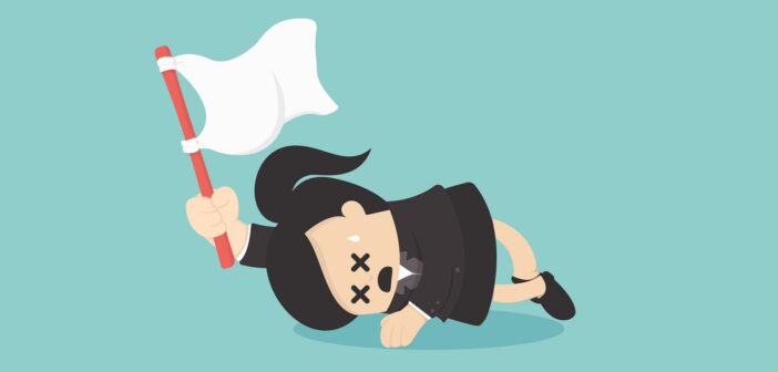 illustration of woman waving a white flag after giving up easily