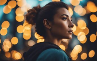 side view of a pensive woman against a blurred background of lights