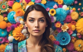 creative looking lady against backdrop of colorful flowers
