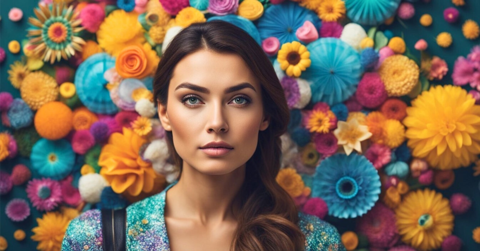 creative looking lady against backdrop of colorful flowers