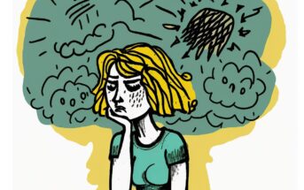 illustration of woman with thoughts above her head that appear negative