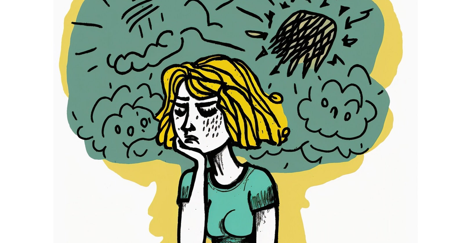 illustration of woman with thoughts above her head that appear negative