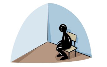 illustration of a man sat on a chair by himself in the corner of a room to demonstrate being lonely