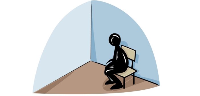 illustration of a man sat on a chair by himself in the corner of a room to demonstrate being lonely