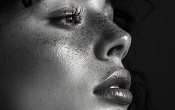 black and white closeup photo of a woman's face with freckles