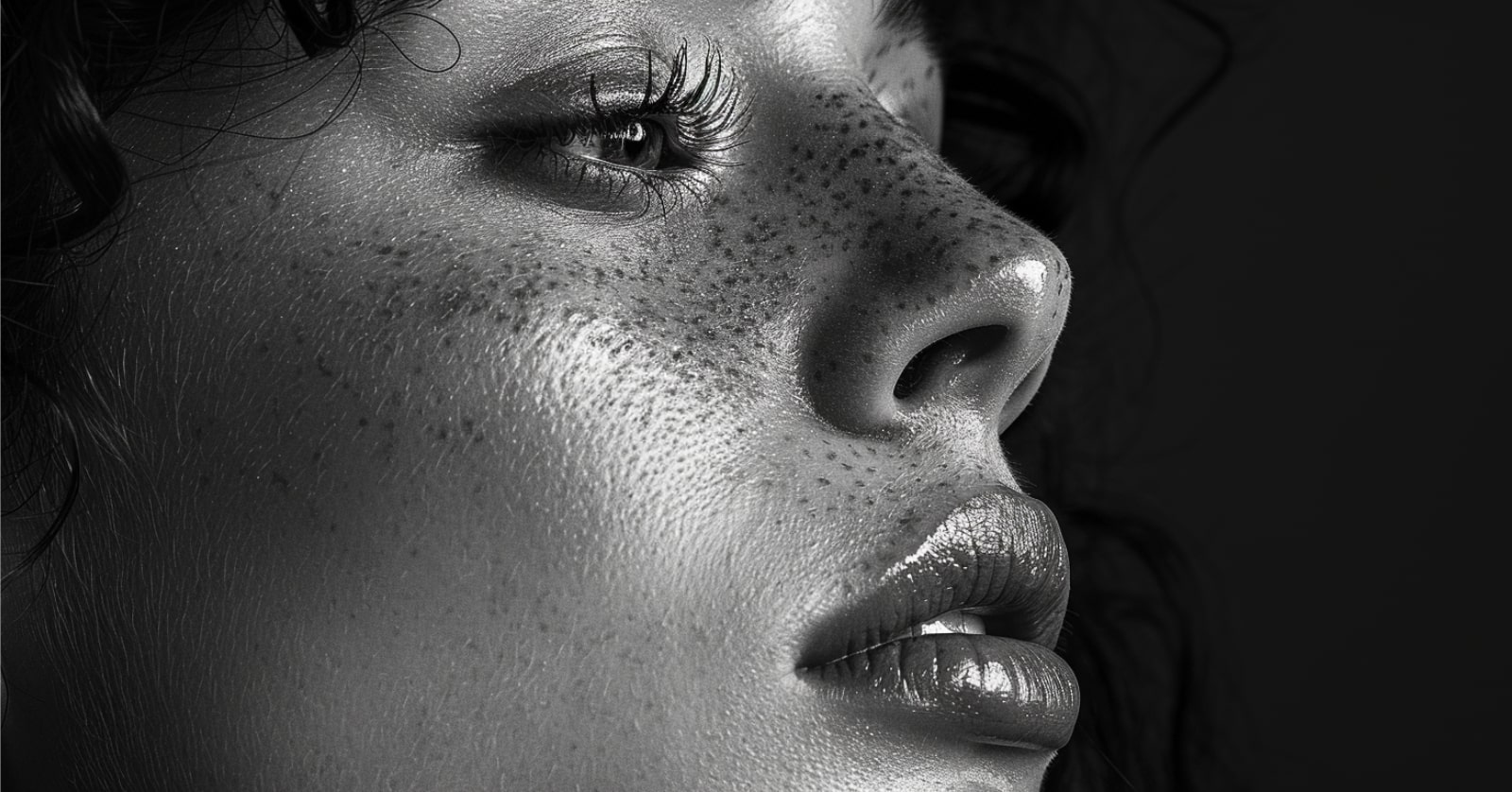 black and white closeup photo of a woman's face with freckles