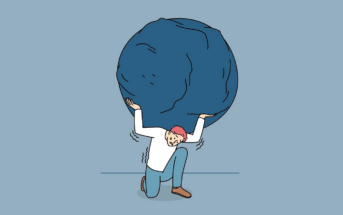 illustration of a man carrying a large round rock to show how overwhelmed he is