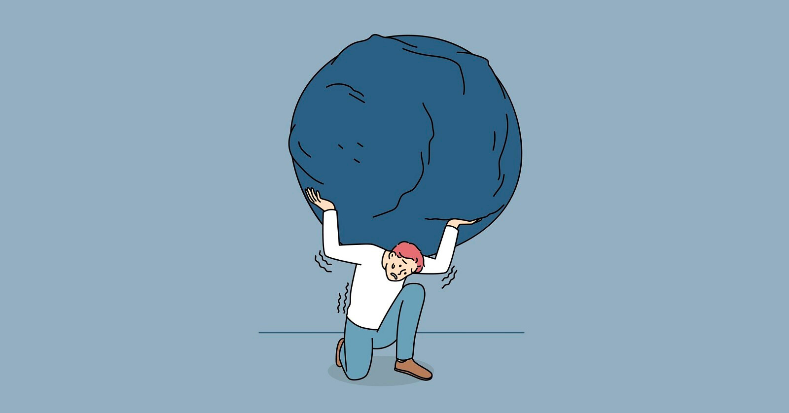 illustration of a man carrying a large round rock to show how overwhelmed he is