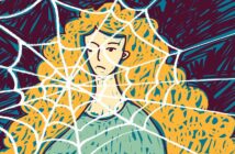 drawing of a sad woman behind a spider's web